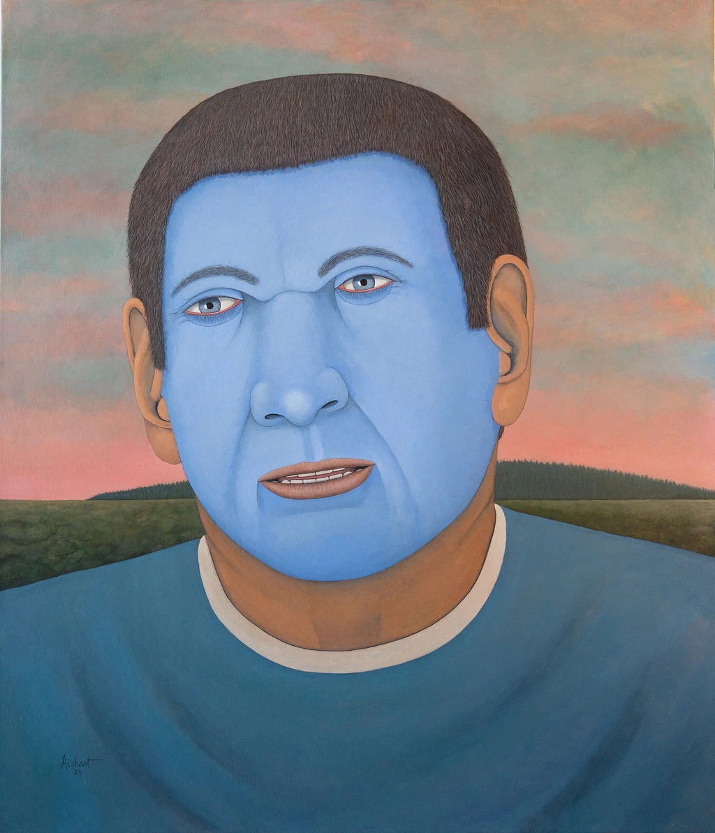 Game Face '24, '26', '28 — a blue-faced figure against a pink and green landscape