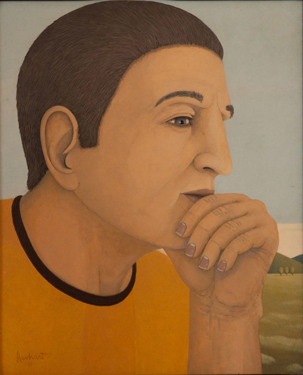 Enigma — a figure in a yellow shirt rests a hand near his mouth